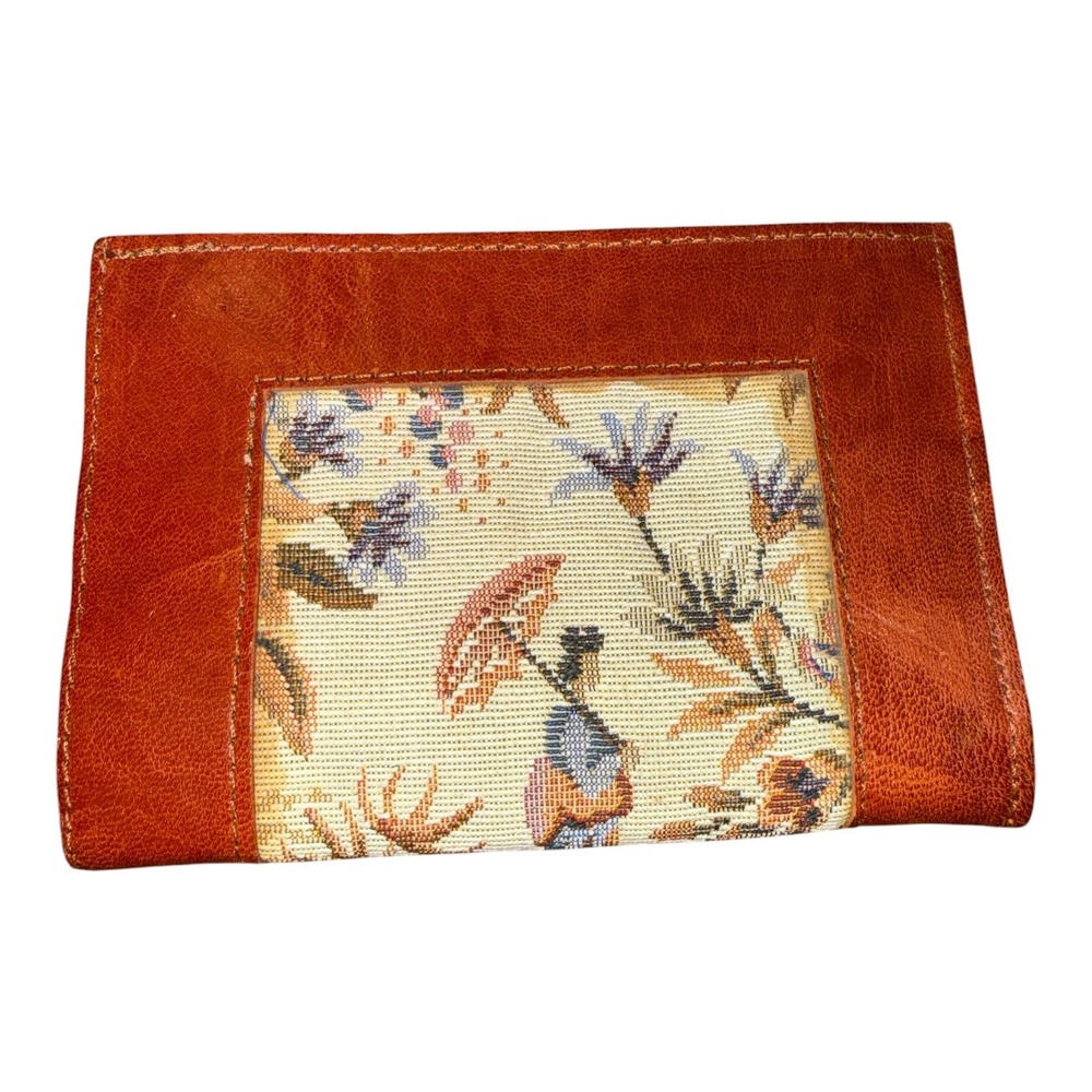 Vintage Cognac Leather Tapestry Wallet Bifold Floral Parasol Scene ID Window